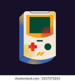 Collection of vintage tech gadgets and devices handheld consoles, cassette, mobile phones music players isolated on a dark background. Retro digital illustration in 90s style. Set of stickers