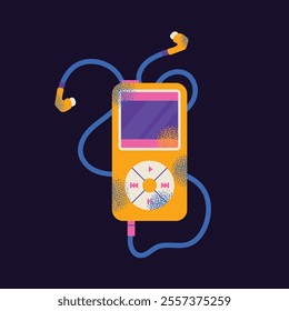 Collection of vintage tech gadgets and devices handheld consoles, cassette, mobile phones music players isolated on a dark background. Retro digital illustration in 90s style. Set of stickers