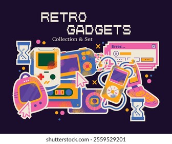 Collection of vintage tech gadgets and devices handheld consoles, cassette, mobile phones music players isolated on a dark background. Retro digital illustration in 90s style. Set of stickers