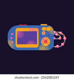 Collection of vintage tech gadgets and devices handheld consoles, cassette, mobile phones music players isolated on a dark background. Retro digital illustration in 90s style. Set of stickers