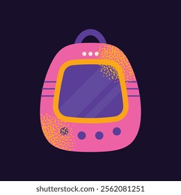 Collection of vintage tech gadgets and devices handheld consoles, cassette, mobile phones music players isolated on a dark background. Retro digital illustration in 90s style. Set of stickers