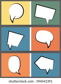Collection vintage texture comic speech balloon on colored  background pop art style. Set abstract creative hand drawn vector white retro blank bubble. Comic book text dialog empty cloud.