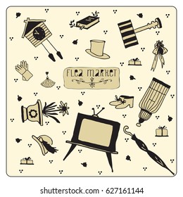 Collection of vintage things hand drawn in vector. Lovely pattern for decoration  flea market signboard. Isolated on the background and easy to use.