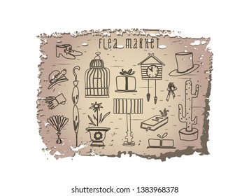 Collection of vintage things on the grunge background hand drawn in vector. Lovely pattern for decoration  flea market signboard. Isolated on the background and easy to use.