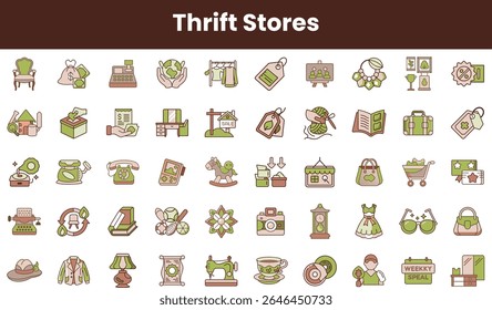 A collection of vintage and thrift store icons, showcasing various items like clothing, furniture, and unique finds, all in a warm, earthy color palette.