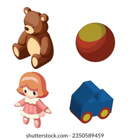 collection of vintage toys in isometric style, doll, ball, teddy bear and cart. vector illustration.