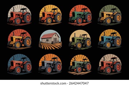 Collection of vintage tractors and a barn in various colors