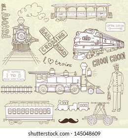 Collection of vintage trains and railroad doodles