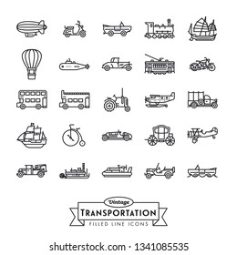 Collection of vintage transportation vehicles vector icons. Flat Outline Style.