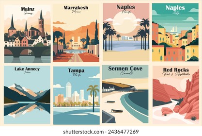 Collection Vintage Travel Poster. Vector illustration. High quality prints
