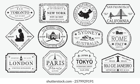 Collection of vintage travel stamps featuring cities like New York, Tokyo, and Paris. Travel stamps highlight destinations like Sydney and Rome. Travel stamps add charm. Black travel stamps, vectors.