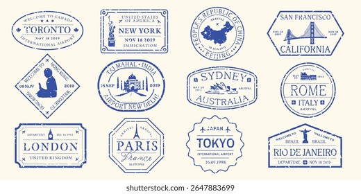 Collection of vintage travel stamps featuring cities like New York, Tokyo, and Paris. Includes iconic landmarks and travel-themed designs in blue. Blue travel stamps, vector set.