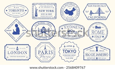 Collection of vintage travel stamps featuring cities like Toronto, New York, Beijing, Sydney, and Tokyo. Includes iconic landmarks and travel dates. Blue travel stamps, vector set.