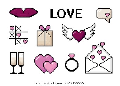 A collection of vintage Valentine-themed pixel icons in 8-bit retro arcade game style, perfect for games, mobile apps, or nostalgic designs.
