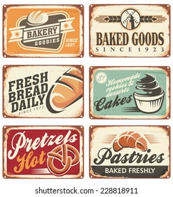 Collection of vintage vector bakery signs and retro ads.