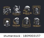 Collection of vintage vector emblems. Human skulls in a helmet, with a snake, in a military beret, with a knife and a beard, a candle, a book, roses
