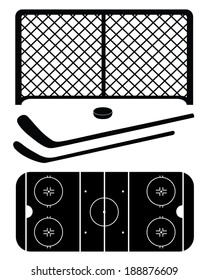 A collection of vintage vector hockey elements including net, rink, sticks and puck