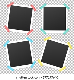 Collection of vintage vector template photo frames with adhesive tape. Mockup photo frame set Isolated on transparent background. Design for your photography and picture. Vector retro Illustration.
