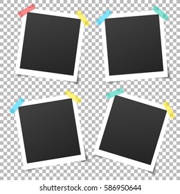 Collection of vintage vector template photo frames with adhesive tape. Mockup photo frame set Isolated on transparent background. Design for your photography and picture. Vector retro Illustration.
