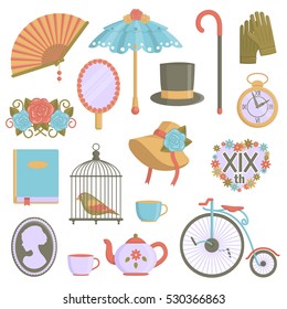 A collection of vintage victorian era items. Flat illustrations of personal accessories, everyday use items and innovations that symbolize 19th century culture.