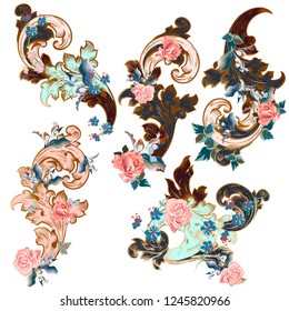 Collection of vintage Victorian swirls with flowers