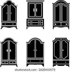 Collection of vintage wardrobe silhouette furniture vector illustration isolated on white