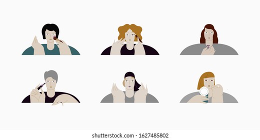 Collection with  vintage women and natural  cosmetics products. Flat design style vector graphic illustration.