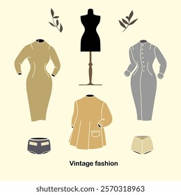 Collection of vintage women's  dresses made in   vector. Elegant and casual models of the 60's. Vintage boutiqe.