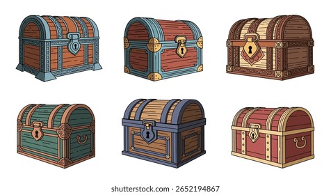 Collection of Vintage Wooden Chests with Detailed Metal Fittings and Clasps