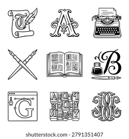 A collection of vintage writing and calligraphy elements including a typewriter, quill, ink, and ornate letters