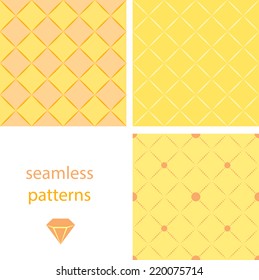 A collection of vintage yellow seamless patterns with circles and embroidered with diamonds