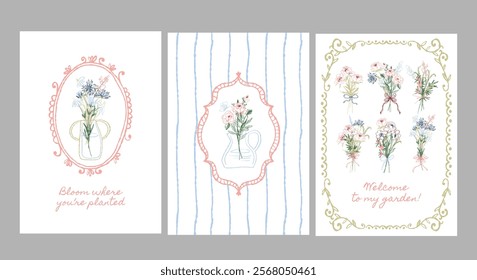 Collection of vintage-inspired floral compositions with oval frames and delicate backgrounds. Designed for elegant projects and artistic prints