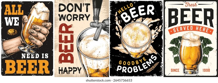 A collection of vintage-inspired signs celebrating beer culture featuring playful phrases about enjoying beer relaxation and the joy it brings. Perfect for a pub or home bar decor.