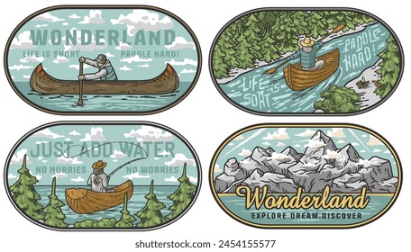 Collection of vintage-style adventure badges featuring canoeing and mountain landscapes. Collection of t-shirt prints for travel, nature hiking and camp.