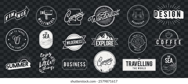 Collection of vintage-style badges featuring themes like camping, travel, design, and coffee. Retro badges with camping, travel, and design motifs. Logo element vector set.