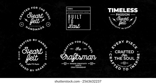 A collection of vintage-style badges with handcrafted fonts emphasizing quality, authenticity, and craftsmanship, suitable for branding or decorative use