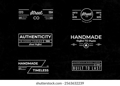 A collection of vintage-style badges with handcrafted fonts emphasizing quality, authenticity, and craftsmanship, suitable for branding or decorative use