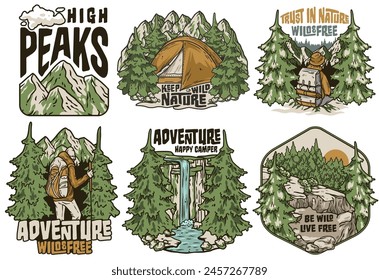 Collection of vintage-style camping badges with nature and adventure motifs for outdoor themes. Sticker pack travel. Set for hiking and camp. T-shirt print.