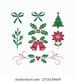 Una colección de Ilustraciones vectoriales de Navidades de estilo vintage que incluyen bayas de acebo, campanas rojas decorativas, arcos verdes, un pino y una flor de nochebuena roja sobre un fondo blanco limpio.