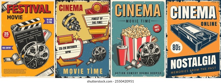 A collection of vintage-style cinema posters advertising a film festival with details about movie screenings timing and nostalgic imagery of popcorn and cinema reels.