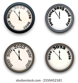 Collection of vintage-style clocks featuring countdown years to 2025. Perfect for retro-themed New Year graphics, calendars, and decorative designs.