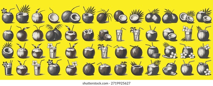 Una colección de ilustraciones de coco de estilo vintage con bebidas, paraguas y adornos tropicales. Ideal para verano, playa y diseños relacionados con bebidas.