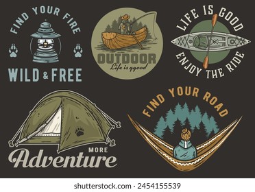 Collection of vintage-style emblems featuring outdoor adventure, including camping gear, canoe, tent, and spirit of wilderness exploration. Set of t-shirt prints for travel, nature hiking and camp.