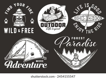 Collection of vintage-style emblems featuring outdoor adventure, including camping gear, canoe, tent, and spirit of wilderness exploration. Set of t-shirt prints for travel, nature hiking and camp.