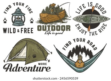 Collection of vintage-style emblems featuring outdoor adventure, including camping gear, canoe, tent, and spirit of wilderness exploration. Set of t-shirt prints for travel, nature hiking and camp.