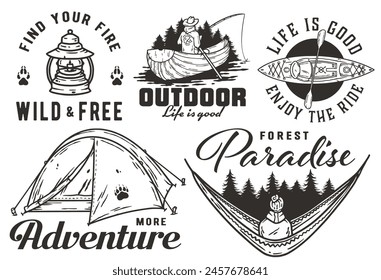 Collection of vintage-style emblems featuring outdoor adventure, including camping gear, canoe, tent, and spirit of wilderness exploration. Set of t-shirt prints for travel, nature hiking and camp.