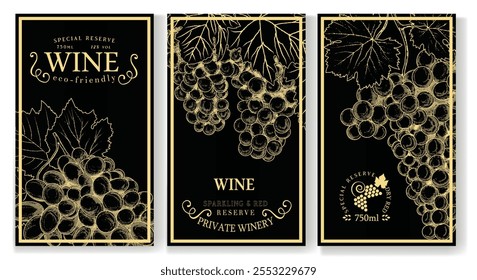 A collection of vintage-style grape wine labels on a black background. Hand drawn, not AI