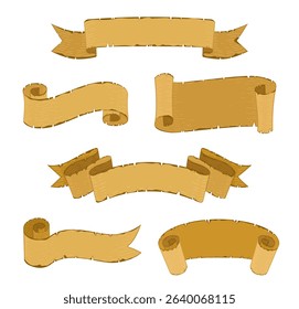 collection of vintage-style hand-drawn banners and ribbons, brown with texture, crumpled, in various shapes and styles, scroll-like patterns