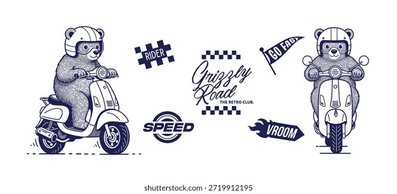 A collection of vintage-style illustrations featuring a bear wearing a helmet riding a classic scooter, accompanied by retro typography and speed-themed elements like "Grizzly Road" and "Go Fast". The artwork is presented in a hand-drawn, monochrome line art style.