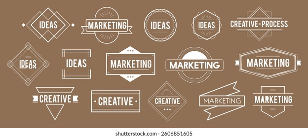 Collection of vintage-style labels with words like 'ideas', 'marketing', and 'creative'. Retro design elements for marketing and creative projects. Logo element vector set.